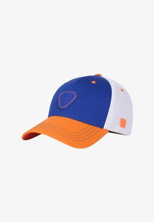 Casquette de baseball bleue et blanche avec une visière et des détails orange, avec un logo brodé sur le panneau avant.