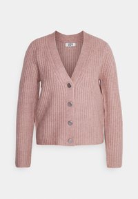 Rosa stickad cardigan med djupt V-hals, långa ärmar och fem metallknappar fram. Strukturerad med ett ribbat mönster.