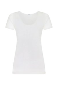 T-shirt bianco a maniche corte con scollo rotondo, realizzato in tessuto morbido e leggero, caratterizzato da un design senza cuciture e da una texture liscia.