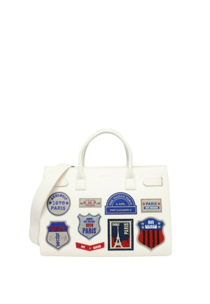 Borsa bianca con manici superiori e toppe ricamate a tema Parigi in rosso, blu e nero, con testi e disegni della Torre Eiffel.