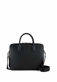 Bolsa de portátil negra con una superficie texturizada, dos asas superiores, una correa de hombro desmontable y un cierre de cremallera. Diseño simple y rectangular.