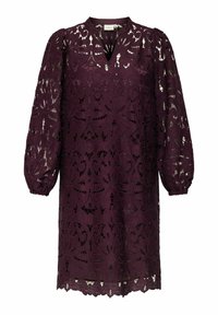 Ljubičasta čipkasta haljina s V-izrezom, dugim puf rukavima, složenim cvjetnim uzorcima i valovitim rubom. Lagani materijal s prozirnim dijelovima.