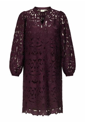 Lilla blondekjole med V-udskæring, lange pufærmer, intrikate blomster mønstre og bølget kant. Let stof med gennemsigtige sektioner.
