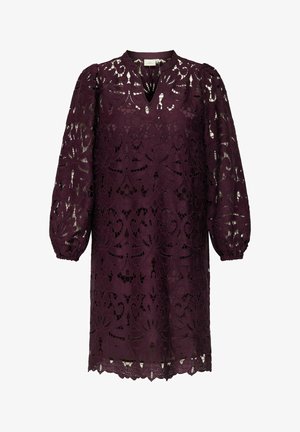 Lilla blondekjole med V-udskæring, lange pufærmer, intrikate blomster mønstre og bølget kant. Let stof med gennemsigtige sektioner.