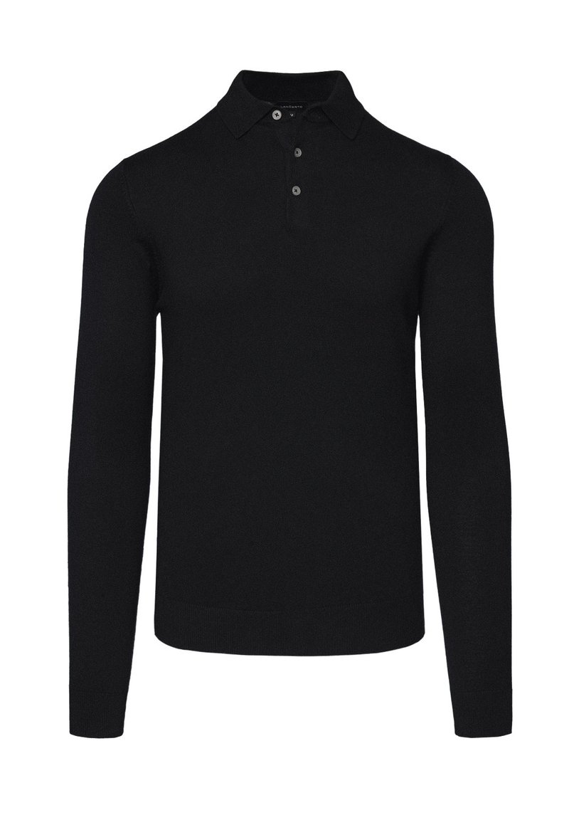 Czarna polo z długim rękawem, z kołnierzykiem, dwoma guzikami i dopasowanym krojem. Wykonana z miękkiego materiału, z ribbami na mankietach i u dołu.