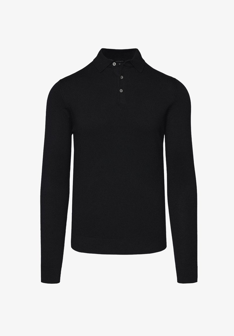 Czarna polo z długim rękawem, z kołnierzykiem, dwoma guzikami i dopasowanym krojem. Wykonana z miękkiego materiału, z ribbami na mankietach i u dołu.
