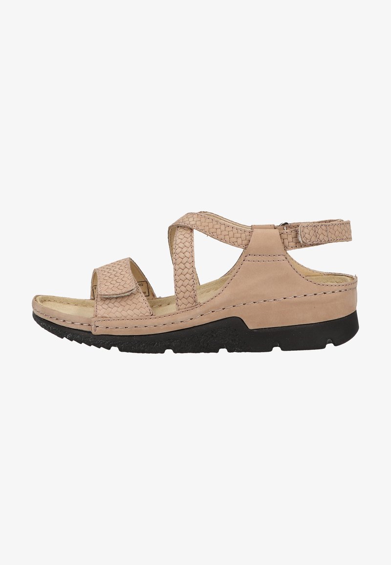 Beige leather sandal with woven straps, adjustable ankle closure, cushioned footbed, and black rubber sole for grip.