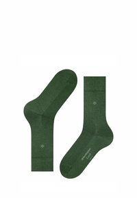 Calzini in cotone verde con una texture liscia, un tallone rinforzato e un polsino a costine. Il tessuto è uniforme, senza motivi o accenti.