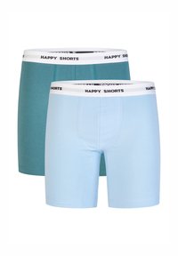 Twee paar herenboxers, één in teal en één in lichtblauw, met een zwart-witte elastische tailleband met "HAPPY SHORTS". Glad, rekbaar stof.