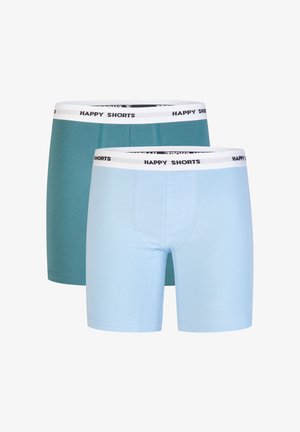 Zwei Paar Herren-Boxershorts, eine in Teal und eine in Hellblau, mit einem schwarzen und weißen elastischen Bund "HAPPY SHORTS". Glatter, dehnbarer Stoff.