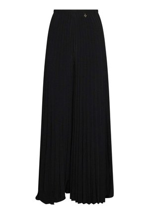 Pantaloni neri a gamba larga con pieghe, vita elasticizzata e piccolo dettaglio metallico vicino alla vita.