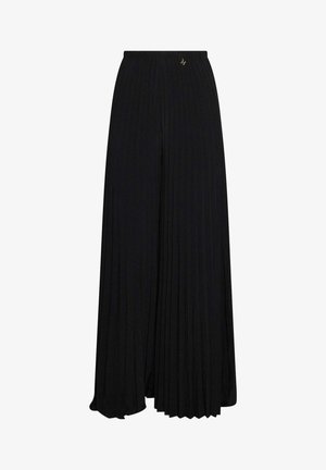 Pantaloni neri a gamba larga con pieghe, vita elasticizzata e piccolo dettaglio metallico vicino alla vita.