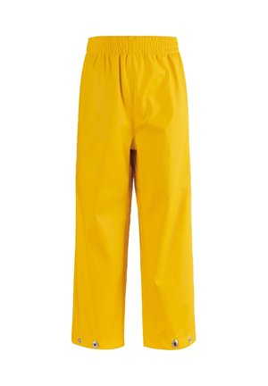 Waterdichte gele kindersbroek met elastische tailleband en drukknoopsluiting bij de pijpboorden voor een verstelbare pasvorm.