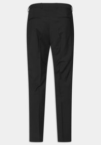 Pantaloni neri su misura in tessuto liscio, vestibilità slim, due tasche posteriori e passanti per cintura. Design pulito con una silhouette elegante.