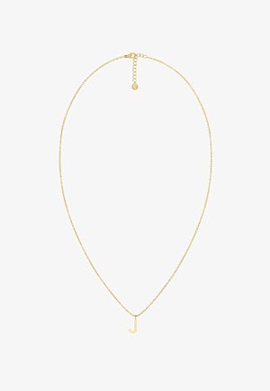 Zlatna metalna ogrlica s delikatnom lancem i malim, poliranim privjeskom u obliku slova "J". Podesivi kopča u obliku jastočića s produžnim lancem.