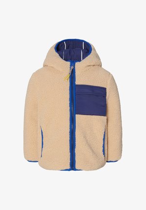 Beige fleecejakke med blå accenter, hætte, frontlynlås og en lilla brystlomme. Blød tekstur og kontraststing.