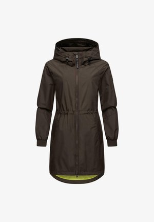 Brown waterproof coat with a hood, elastic cuffs, and a cinched waist. Features a full front zipper and a contrasting inner lining in green.