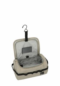 Beige stoffen toilettas met een grijze binnenkant, rechthoekige vorm, ophanghaak en een vak voor een spiegel. Voorzien van ritsluiting en vakken.