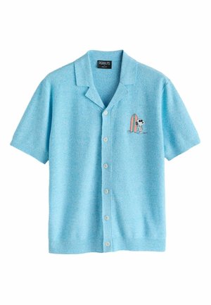 Light blue short-sleeve button-up shirt with collar, featuring Snoopy and a pink surfboard embroidered on the chest.