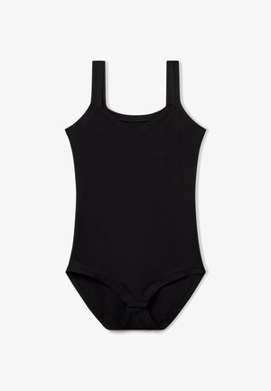 Costume da bagno intero nero con spalline larghe, scollatura a V e una texture liscia. Presenta una silhouette aderente e gambe a taglio medio.