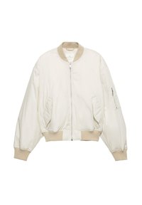 Jachetă bomber off-white cu guler, manșete și talie bej cu refile ribbed, fermoar frontal, două buzunare frontale înclinate și buzunar cu fermoar pe mâneca stângă.