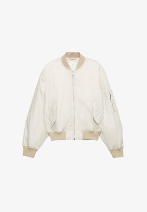 Giacca bomber color avorio con colletto, polsini e fascia in vita a costine beige, cerniera frontale, due tasche frontali inclinate e tasca con cerniera sulla manica sinistra.