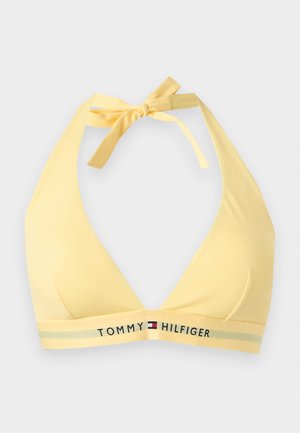 Gul halterneck bikini-top med bindelukning og "Tommy Hilfiger" logo på elastikbåndet under skålene.