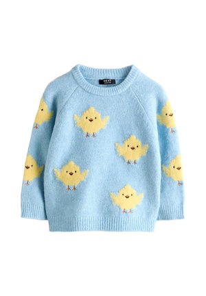 Lyseblå børnesweater med smilende gule kyllingemønstre spredt over fronten og ærmerne.