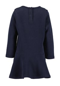 Navyblaue Langarmkleid aus Baumwolle mit ausgestelltem Rock, Knopfverschluss hinten und einfacher runder Halslinie.