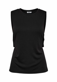 Top nero senza maniche realizzato in tessuto a costine, con scollatura rotonda e vestibilità ampia, progettato per il comfort e la libertà di movimento.