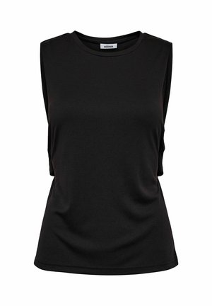 Black sleeveless top made from ribbed fabric, featuring a rounded neckline and loose fit, designed for comfort and ease of movement.