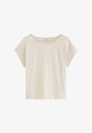 Beige Strickoberteil mit kurzen Ärmeln, weitem Rundhalsausschnitt und lockerem Schnitt, Marke Marc O’Polo.