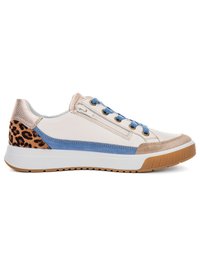 Low-top sneaker with white leather, blue suede stripe, leopard print heel, beige toe cap, blue laces, and gum sole, side zipper detail.
