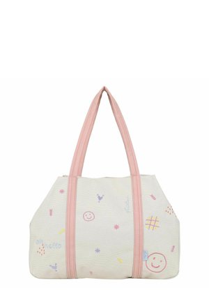 Borsa a tracolla bianco sporco con manici rosa chiaro, decorata con piccoli scarabocchi colorati tra cui faccine sorridenti, fiori, una griglia tris e del testo.