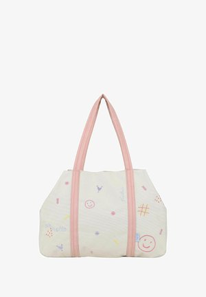 Off-white stoffen tas met lichtroze handvatten, versierd met kleine kleurrijke krabbels waaronder glimlachende gezichten, bloemen, een boter-kaas-en-eieren rooster en tekst.