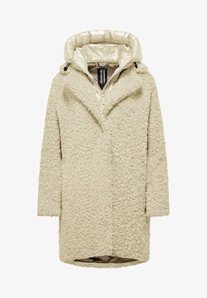 Beige faux fur coat with a puffy, shiny hood. Features a zip front closure and slanted pockets. Soft, textured fabric with a relaxed fit.