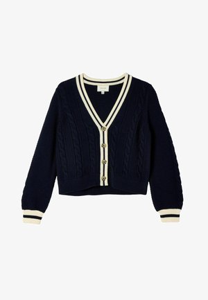 Sötétkék kötött kardigán V-nyakkal, krém csíkozott gallérral és hat gombbal. Kábelmintás kötés és bordás mandzsetták jellemzik. Rövidített hossz.