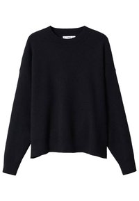 Pull noir à manches longues avec col rond, finitions côtelées au col, aux poignets et à l'ourlet, présenté sur fond blanc.