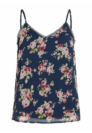 Navy blue camisole with pink and red rose floral print, adjustable thin straps, and lace trim along neckline and straps.