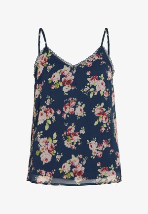 Navy blue camisole with pink and red rose floral print, adjustable thin straps, and lace trim along neckline and straps.