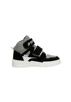 Zapatilla de caña alta con paneles negros y grises, suela blanca y dos tiras de velcro negras, una etiquetada como "3RTK," mostrada de lado.