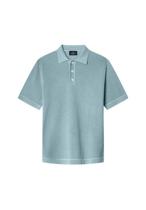 Lichtblauwe korte mouwen polo shirt van gestructureerde stof, met een kraag en een drie-knopen knoopsluiting. Contrasterende witte afwerking op de mouwen.