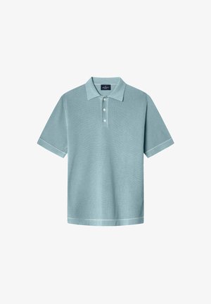 Lichtblauwe korte mouwen polo shirt van gestructureerde stof, met een kraag en een drie-knopen knoopsluiting. Contrasterende witte afwerking op de mouwen.