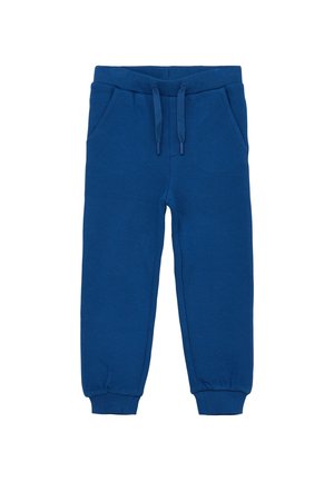 Blaue Kinder-Sweathosen mit elastischem Bund, Kordelzug, seitlichen Taschen und gerippten Bündchen.