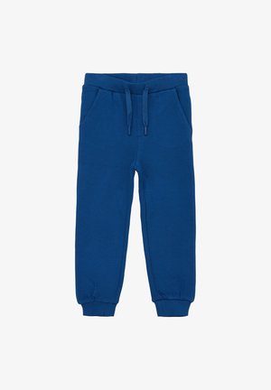 Pantalon de jogging bleu pour enfants avec taille élastique, cordon de serrage, poches latérales et poignets côtelés.