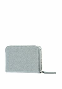 Portefeuille argenté zippé avec une finition texturée. Forme rectangulaire, doté d'une fermeture éclair lisse et d'une petite languette de tirage. Design minimaliste.