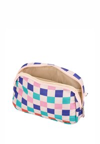 Multifarvetternet kosmetikpose med lynlås, der har et blødt stofudvendig i pink, blå, grøn og lilla. Indvendig er den beige.