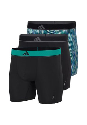 Drei Paar Herrenboxershorts in Vorderansicht, zwei einfarbig schwarz mit farbigen Taillenbändern und eines mit blau-grünem Wellenmuster.