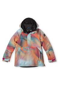 Färgglad syntetisk jacka med huva, som har ett flytande, abstrakt mönster i pastelltoner. Innehåller en framficka och justerbara ärmslut.
