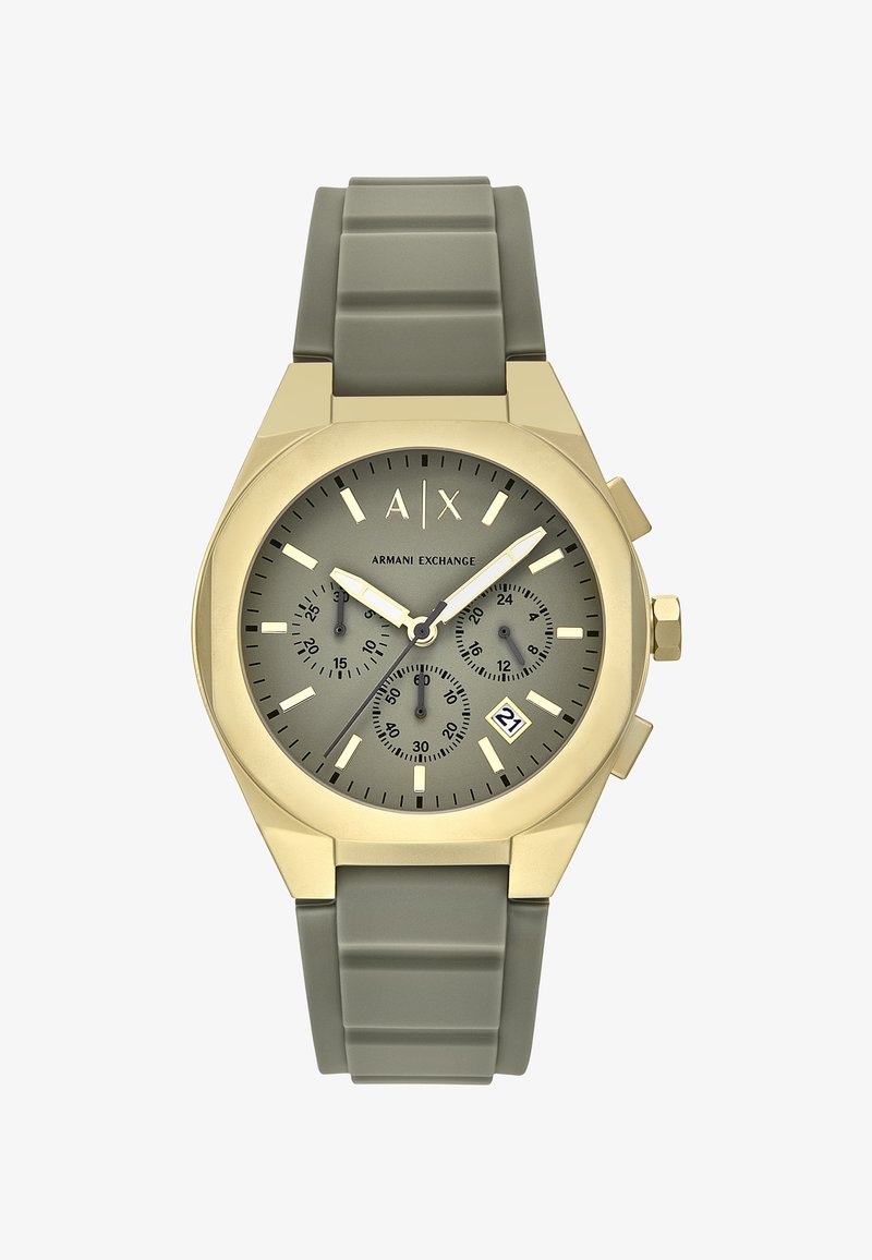 Armbåndsur med guldkasse, grå urskive, tre underskiver, datovindue ved kl. 4 og grå silikonerem, Armani Exchange-logo i midten.